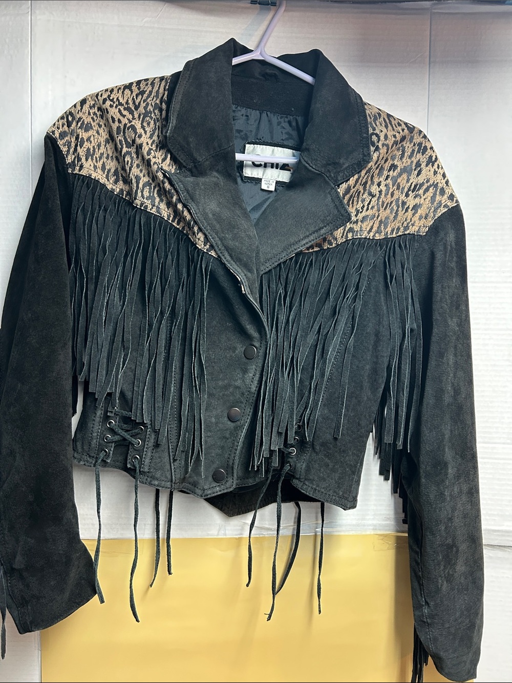 Chia Black & Leopard Print Fringed Suede Leather Jacket Size Small - Picture 5 of 9